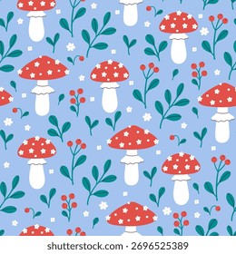 Seamless pattern of mushrooms, berries, and flowers on a blue background. Vector graphics