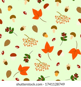 Nahtlose Muster mit Pilzen, Beeren, Blättern, Eicheln und Ästen. Cute Herbst, Waldhintergrund. Für Kindergewebe, Kleidung, Verpackung, Tapete.