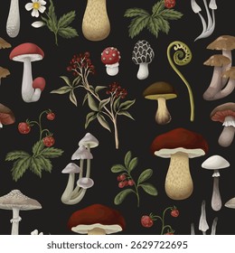 Seamless pattern with mushrooms, berries, plants and leaves. Vector