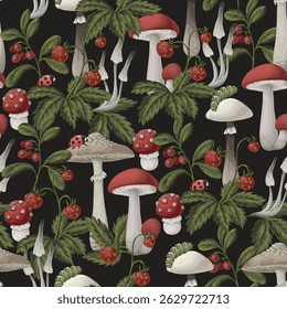 Seamless pattern with mushrooms, berries, plants and leaves. Vector