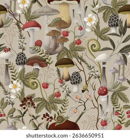 Seamless pattern with mushrooms, berries, plants and leaves. Vector