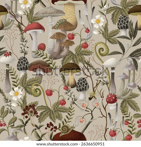Seamless pattern with mushrooms, berries, plants and leaves. Vector