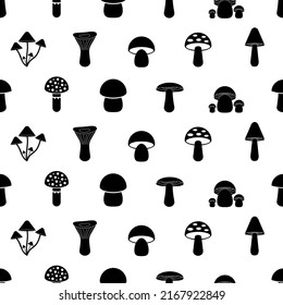 Seamless pattern with mushrooms. Black icon of mushrooms on white background. Collection mushroom in flat style. Design for print on fabric, wrapping paper, packing, wallpaper. Vector illustration