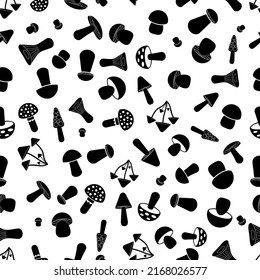 Seamless pattern with mushrooms. Black icon of mushrooms on white background. Collection mushroom in flat style. Design for print on fabric, wrapping paper, packing, wallpaper. Vector illustration