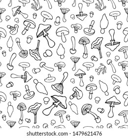 Seamless pattern with mushrooms. Black outline pattern with mushrooms on white background.For decorative fabrics, Wallpaper,packaging and paper.Flat style.Vector file.