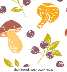 Seamless pattern with mushrooms and blueberries. Colorful paper cut fall woods collection isolated on white background. Doodle hand drawn vector illustration.