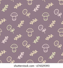 Seamless pattern with mushrooms and branch. Summer background. Hand drawn doodling.