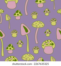 Seamless pattern with mushrooms in bright neon green and pink colors in hippie style	