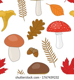 Seamless pattern mushrooms brown white chanterelles autumn leaves acorns vector illustration.
