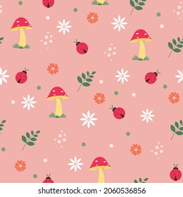 seamless pattern with mushrooms and bugs