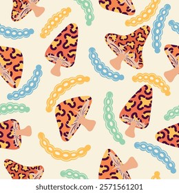 seamless pattern of mushrooms and caterpillars for background,cover,fabric,wrapping,etc