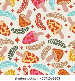 seamless pattern of mushrooms and caterpillars for background,cover,fabric,wrapping,etc