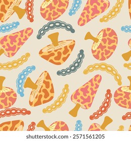 seamless pattern of mushrooms and caterpillars for background,cover,fabric,wrapping,etc