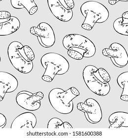 Seamless pattern with mushrooms. Champignon. Black-white drawing on a gray background. Sketch. Vector. Suitable for decorating kitchen items. Labels.