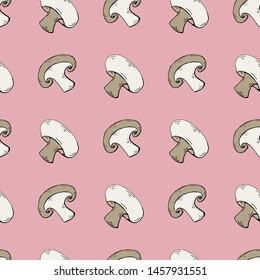 
Seamless pattern with mushrooms champignons on a pink background