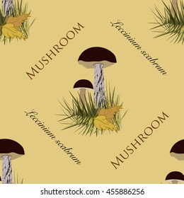Seamless Pattern Mushrooms Collection. Boletus Brown Cap Design with Words Mushroom Leccinium Scabrum.