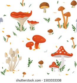 Seamless pattern with mushrooms. Colorful mushroom amanita illustration. Can be used for scrapbook, postcards, print and etc.