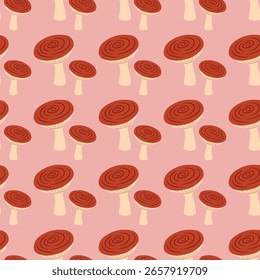 Seamless pattern with mushrooms. Colorful vector background for packaging, fabric, paper, wallpaper, scrapbook.