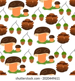 Seamless pattern with mushrooms, cones and acorns.