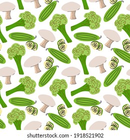 Patrón inquebrantable con setas, rodajas de pepino, brócoli sobre fondo blanco. Ilustración vectorial de los ingredientes para la alimentación en un estilo de doodle plano.