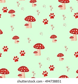 Seamless pattern with mushrooms and Dandelion Seamless pattern with toxic amanita mushrooms. Fly-agaric background.