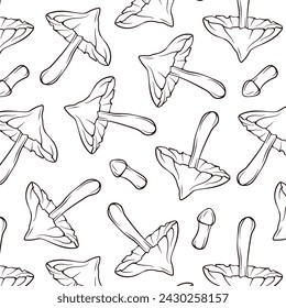 Seamless pattern of mushrooms Deadly webcap in line art style. Decorative backdrop for wallpaper, wrapping, fabric, decor. Vector illustration on a white background.