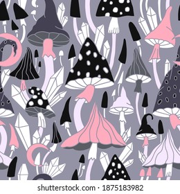 Seamless pattern with mushrooms, diamonds and heavenly body. Amanita seamless pattern in black and white monochrome shades. Vector illustration in trendy style. For wallpaper, textiles, fabrics, paper