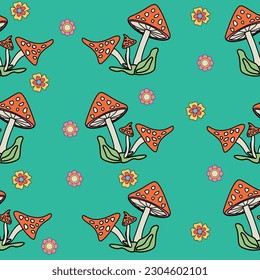 Seamless pattern mushrooms and different flowers. floral hippie style 60s-70s.wallpaper, social media.vector illustration.