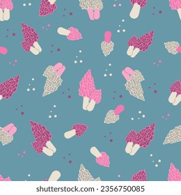 Seamless pattern with mushrooms of different shapes.  Pattern for printing on wallpaper, wrapping paper, textile, paper. Vector illustration