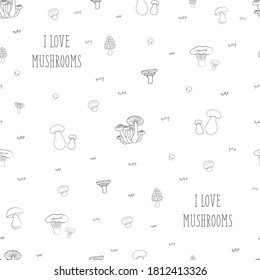 Seamless pattern with mushrooms of different types with additions of blades of grass on the background