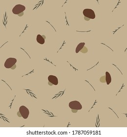 Seamless pattern with mushrooms of different varieties of beige-brown color, leaves and branches on a gray-pink background.