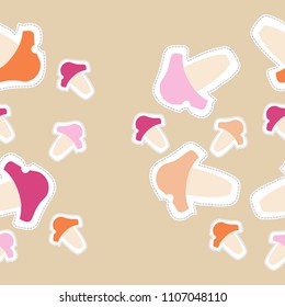 Seamless pattern of mushrooms , doodles, dashed lines, tags.
