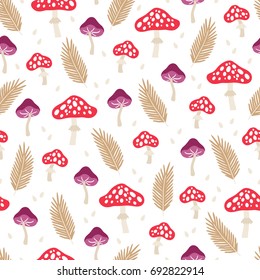 Seamless pattern with mushrooms, fir branches and drops on white background. Perfect for wallpaper, gift paper, autumn greeting cards.