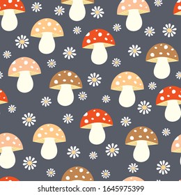 Patrón inoxidable con hongos y flores. Se puede usar para papeles pintados, envolturas, tarjetas, patrones para ropa y otros. Ilustración vectorial.