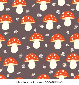 Seamless pattern with mushrooms and flowers. It can be used for wallpapers, cards, patterns for clothes and other. Vector illustration.