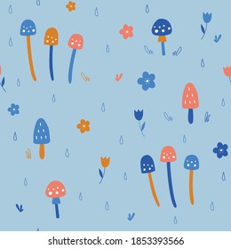 Seamless pattern with mushrooms and flowers. Fly agaric seamless pattern. Vector illustration. For wallpaper, textiles, fabric, paper.