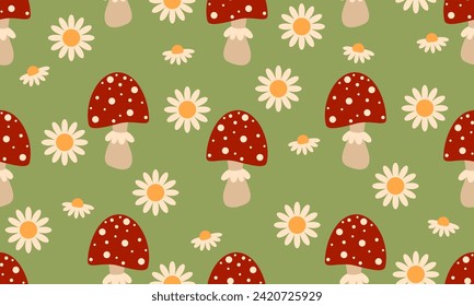 Seamless pattern with mushrooms and flowers. Seamless pattern with mushroom, cute chamomile flower