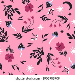 Patrón inmaculado con champiñones y flores en un fondo rosado. Gráficos vectoriales.