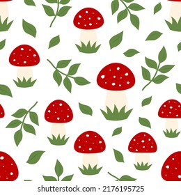 Seamless pattern mushrooms fly agaric leaves vector illustration