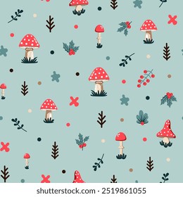 Seamless pattern with mushrooms fly agaric berries branches spots and dots on blue background whimsical fungi design perfect for fabric paper wallpaper and more creative projects