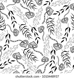 A seamless pattern of mushrooms, fly agarics, exotic tropical plants, grass, branches, curly flowers. Coloring