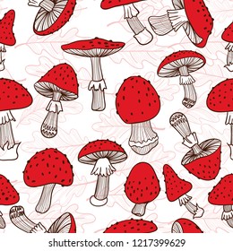 Seamless pattern of mushrooms, fly agarics, oak leaves. Hand-drawn. Linear illustration.