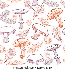 Seamless pattern of mushrooms, fly agarics, acorns and oak leaves. Hand-drawn. Linear illustration.