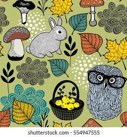 Seamless pattern of mushrooms and forest animals. Vector textured illustration.