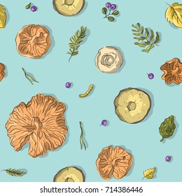 Seamless pattern with mushrooms and forest leaves and berries