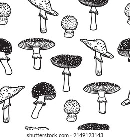 Seamless pattern with mushrooms. Forest poisonous mushroom, Medicinal plant. Creative autumn texture for fabric, wrapping, textile, wallpaper, apparel.

