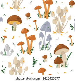 Seamless pattern with mushrooms. Freehand drawing colorful illustration. Can be used for scrapbook, postcards, print and etc.