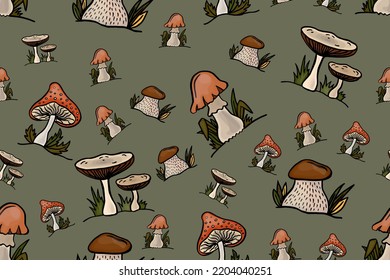 Seamless pattern with mushrooms. Freehand drawing. Can be used on packaging wrapping paper, fabric print background