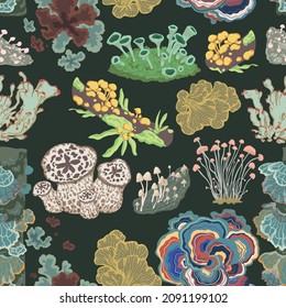 Seamless pattern with mushrooms, fungi, lichen and moss. Vintage decorative floral elements set. Vector illustration