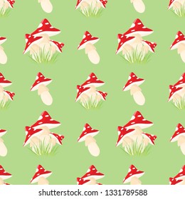 seamless pattern with mushrooms in the grass